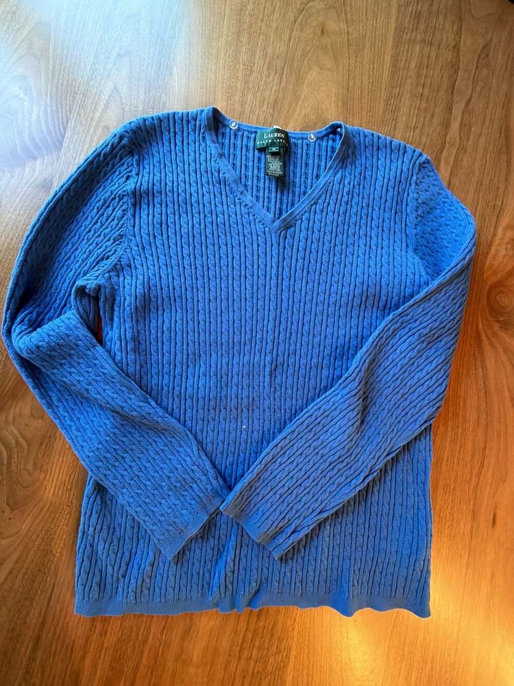 Lauren Ralph Lauren Cable Knit V-Neck Sweater Size 1X Blue